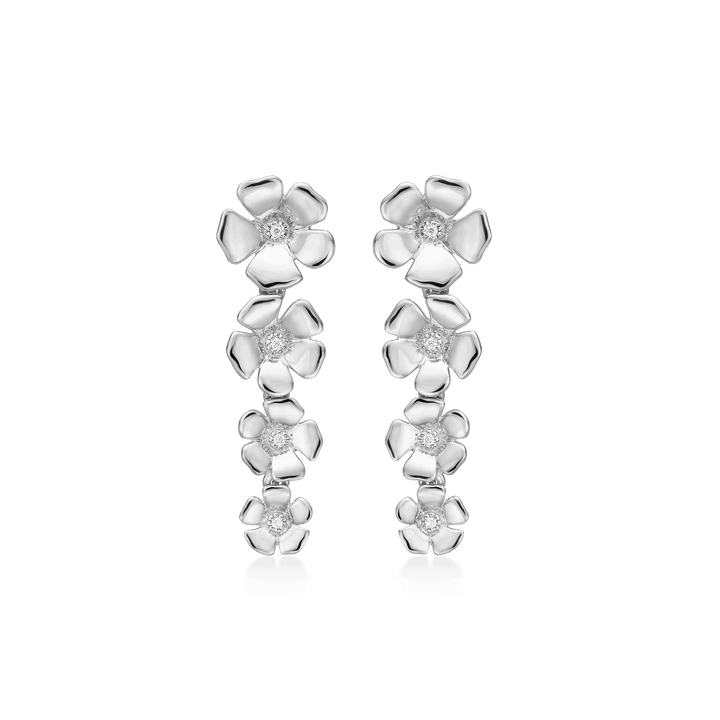 Mads Z silver Fleur silver earrings 30mm with shiny flowers and clear stones, Model 2116110-1