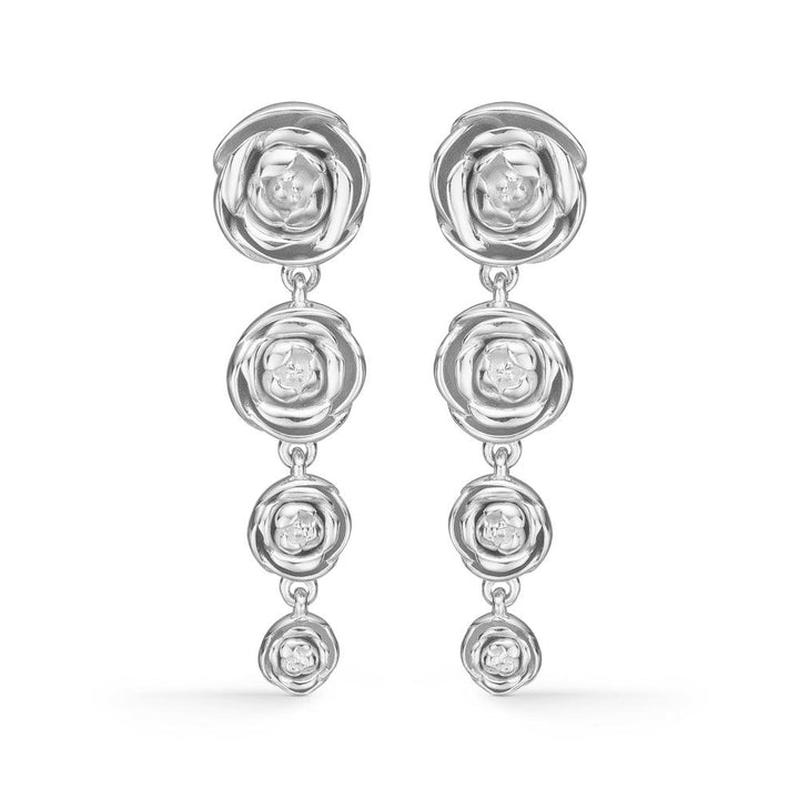 Mads Z Silver Rosalie earrings in shiny silver with three rose silhouettes. Model 2110159-1.