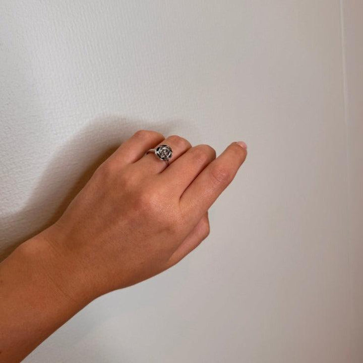 Mads Z Silver Rosalie Ring M Medium Rose shown on hand, elegant silver with rosette detail, Model 2140157-001