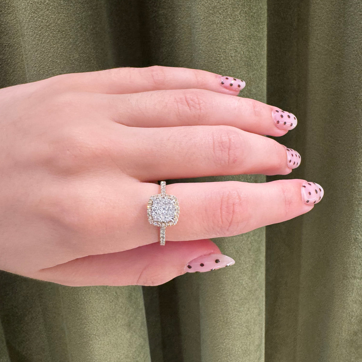 Mads Z Stellaire 14kt Cushion Ring 0.65ct W/SI highlighted on hand, diamond ring in white gold. Model 1541045-001