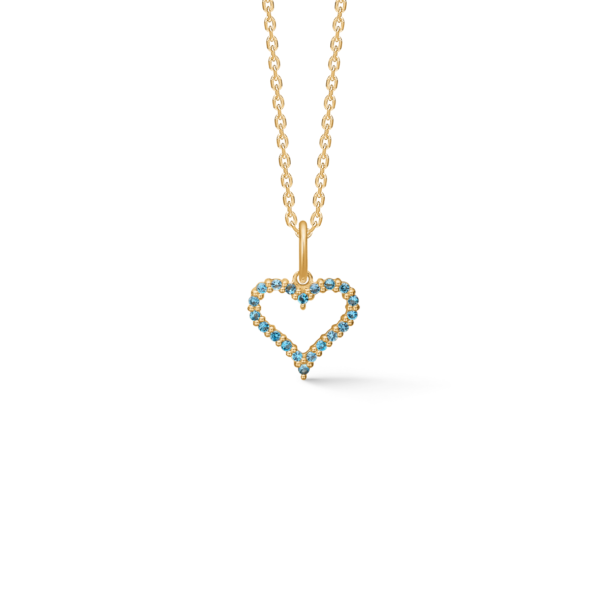Mads Z Tender Heart gold pendant with blue topazes, heart-shaped and elegant on a chain. Model 1536311-1.