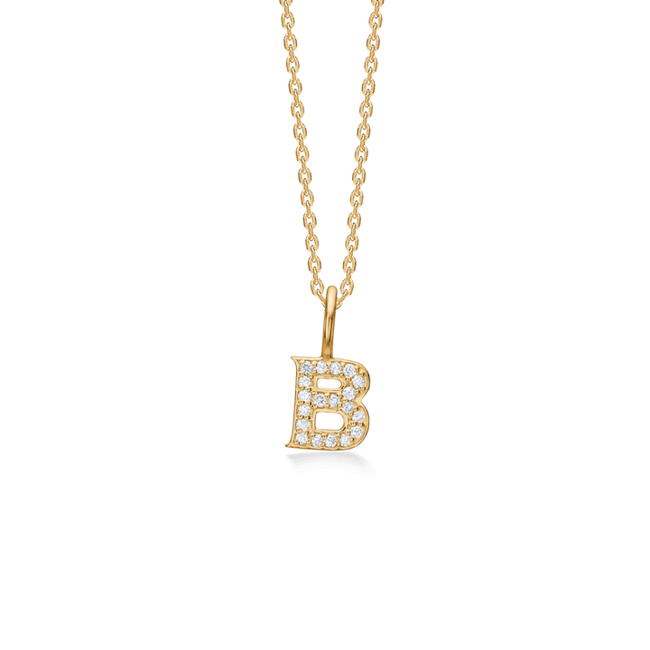 Mads Z Tender Love Bogstavs 14kt guld vedhæng i B-form med brillantslebne diamanter, Model 1531100-002-3.