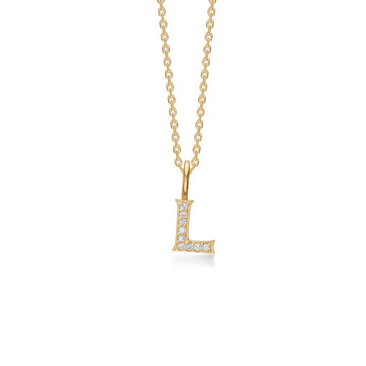Mads Z Tender Love bogstavs 14kt guld vedhæng med diamanter viser et L i guld med diamanter, Model 1531100-012-13.