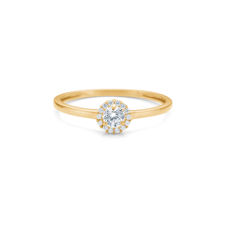 Mads Z Vega 8kt gold ring with zirconia shown from the front, slim gold ring with round center stone and halo of clear stones. Model 3347060-001