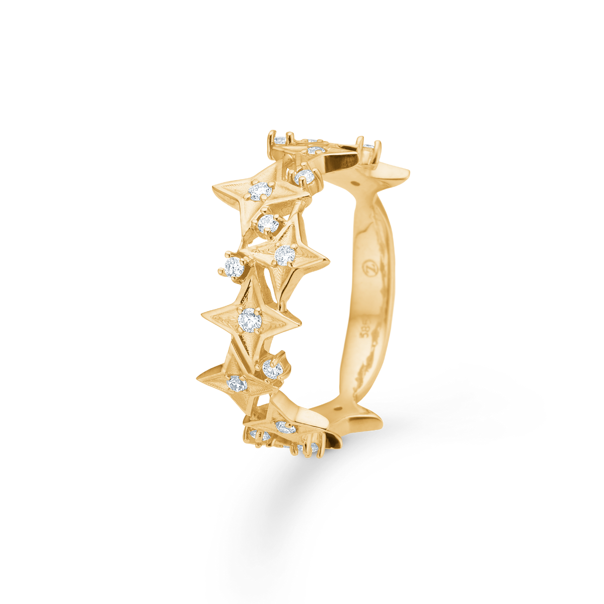 Mads Z Vesper 14kt Star Ring 0.20ct W SI shows gold ring with sparkling stars and diamonds. Model 1541197-001.