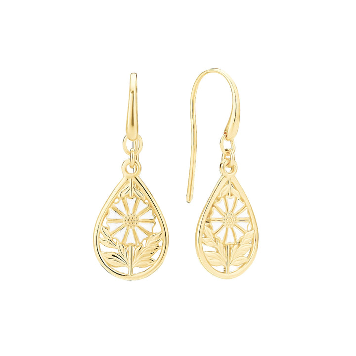 Daisy Drop Earrings 5mm 24kt gold-plated silver, drop-shaped earrings with daisy flower and fine cutouts. Model 9095102-2-m-1