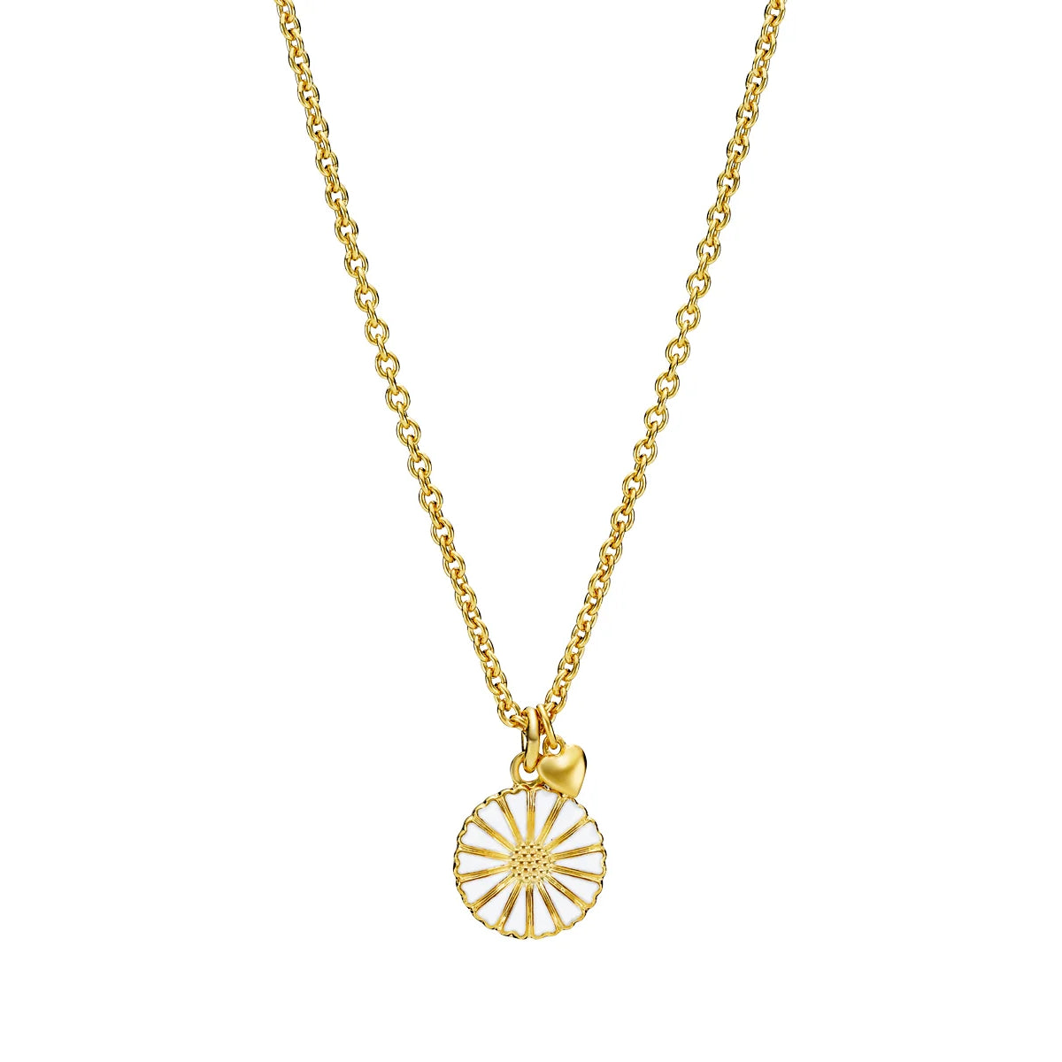 Daisy necklace with heart pendant, gold-coloured chain with daisy and heart pendant. Model 9025029-M-1.