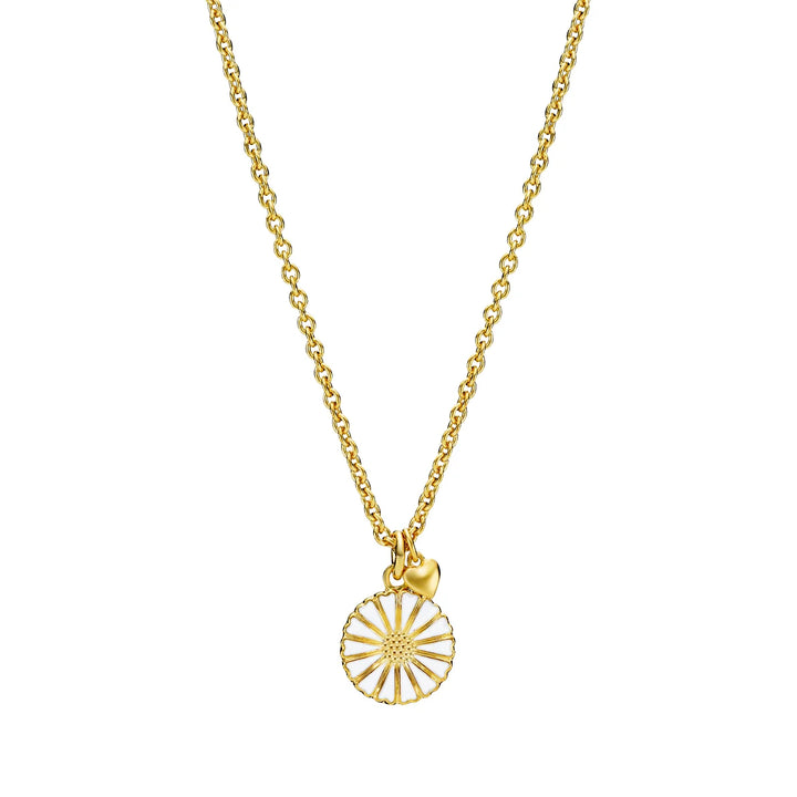Daisy necklace with heart pendant, gold-coloured chain with daisy and heart pendant. Model 9025029-M-1.