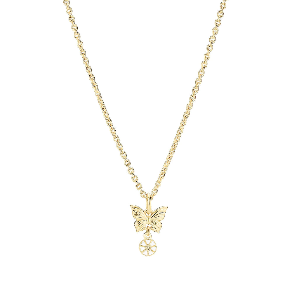 Daisy necklace with butterfly in gold plated metal, elegant design on chain. Model 9025101-M