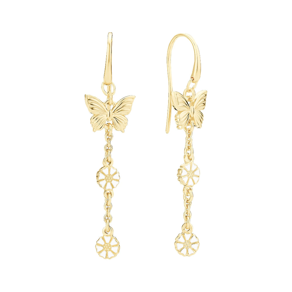 Daisy butterfly earrings in gold plated silver, elegant design with daisies and butterfly. Model 9095101-2-m-1