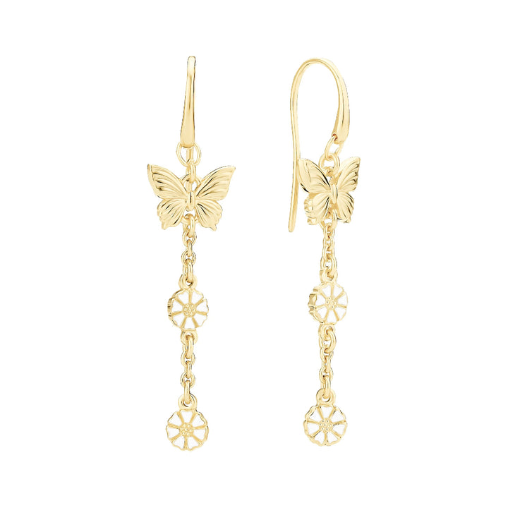 Daisy butterfly earrings in gold plated silver, elegant design with daisies and butterfly. Model 9095101-2-m-1