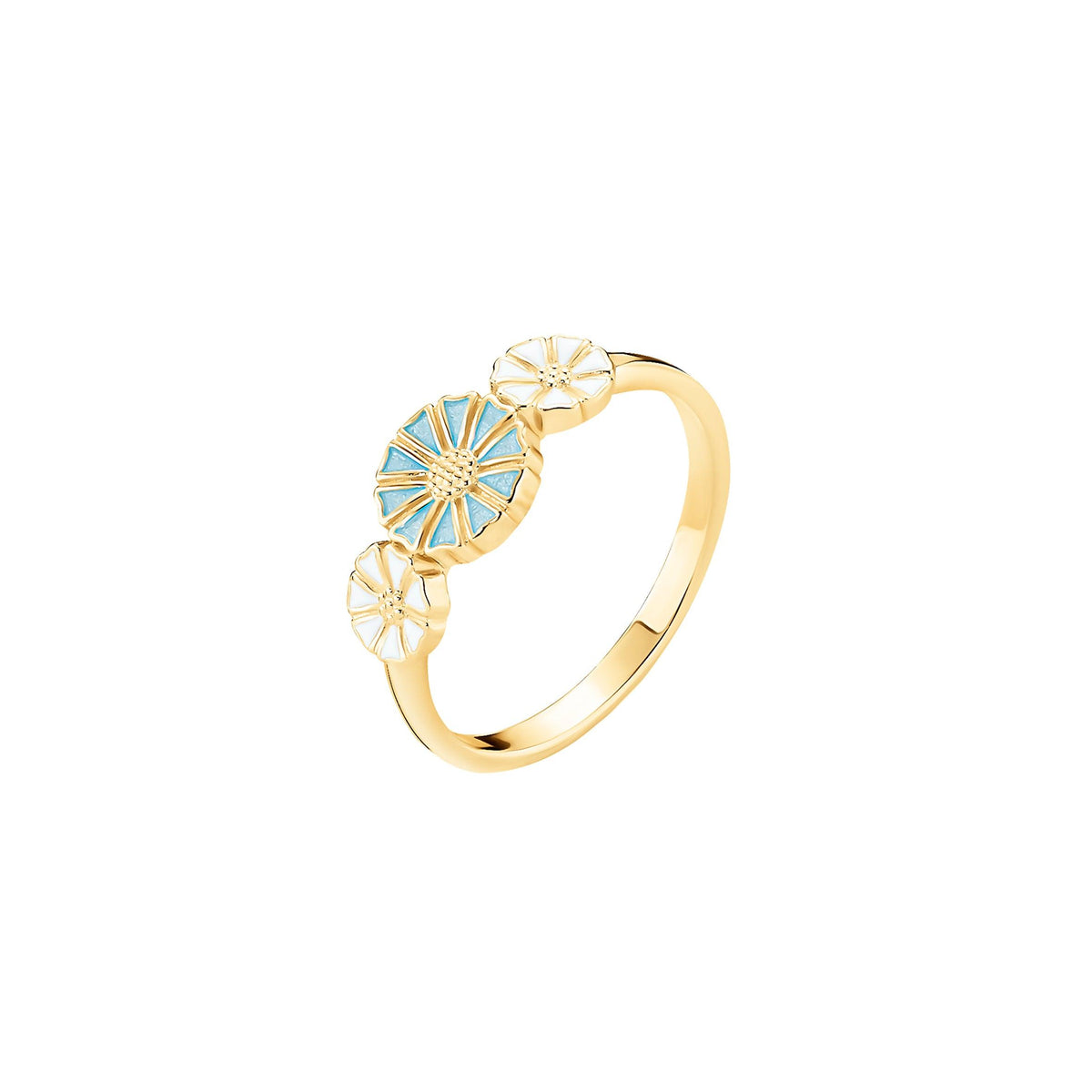 Daisy Ring with 3 daisies light blue and white, elegant gold ring with three floral motifs. Model 9075097-lb-001-1