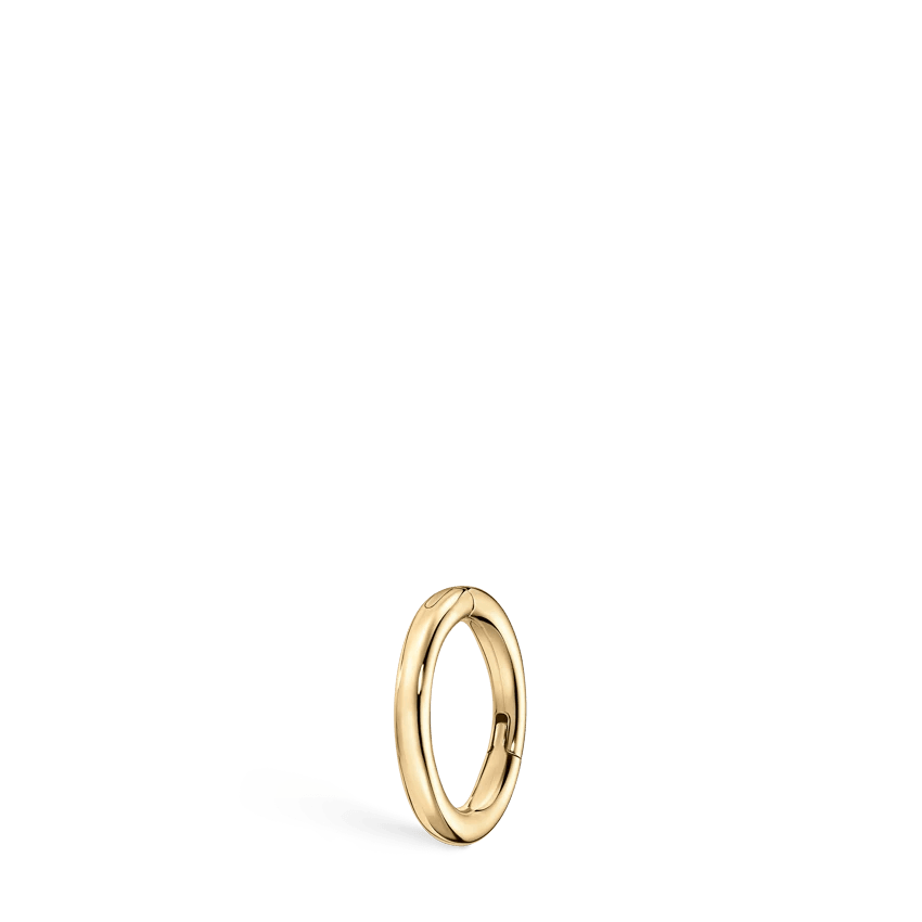 Maria Tash 5mm plain gold hoop in shiny gold, simple model shown against plain background. Model xr-yg-d5-g18-1