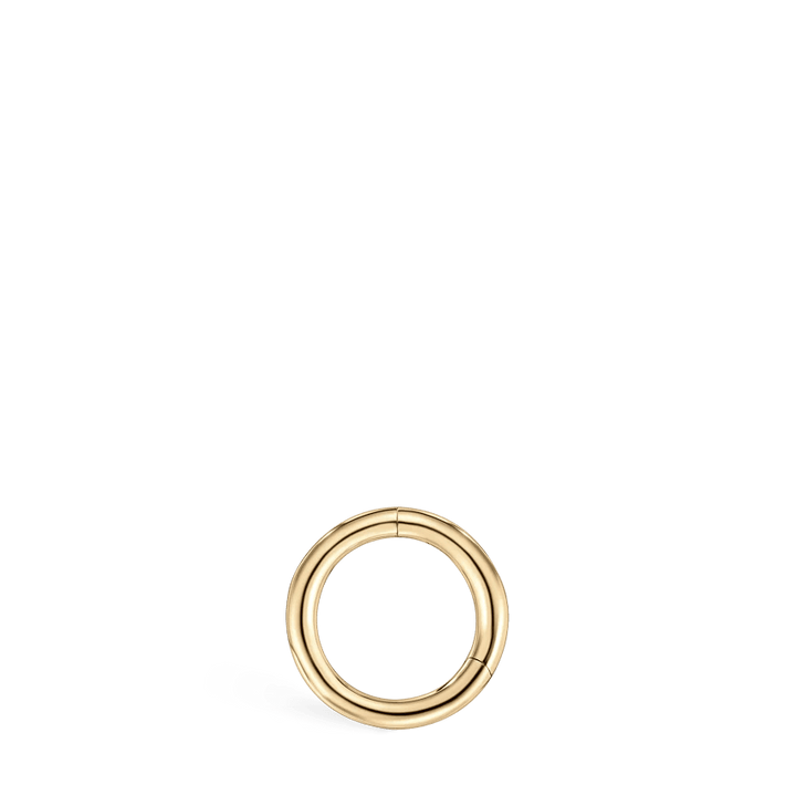 Maria Tash 5mm Plain Gold Hoop is shown as a simple, round earring in plain gold. Model xr-yg-d5-g18-2