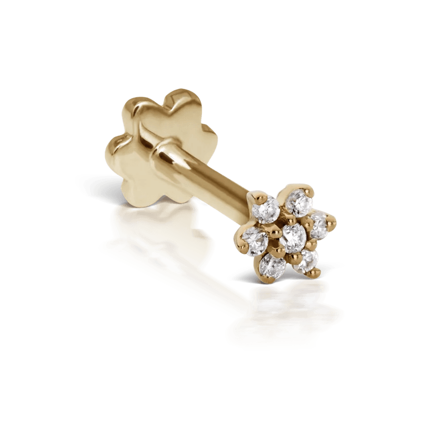 Maria Tash Diamond Flower Treaded Stud Earring 3mm in gold with small diamonds, floral detail. Model xfld-yg-w3-001-1.