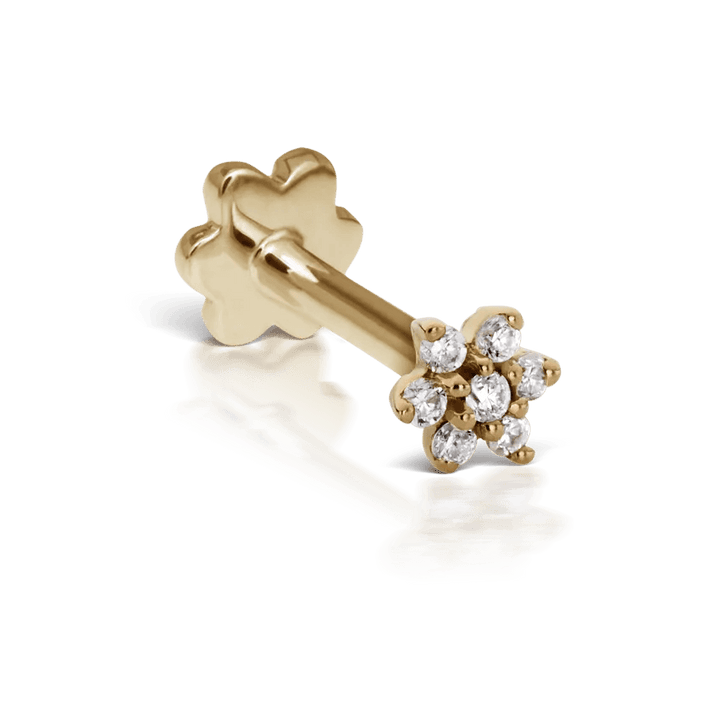 Maria Tash Diamond Flower Treaded Stud Earring 3mm in gold with small diamonds, floral detail. Model xfld-yg-w3-001-1.