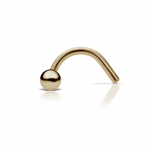 Maria Tash nose piercing 14kt gold with ball, minimalist design on white background. Model NDM-YG-W15-NR-001