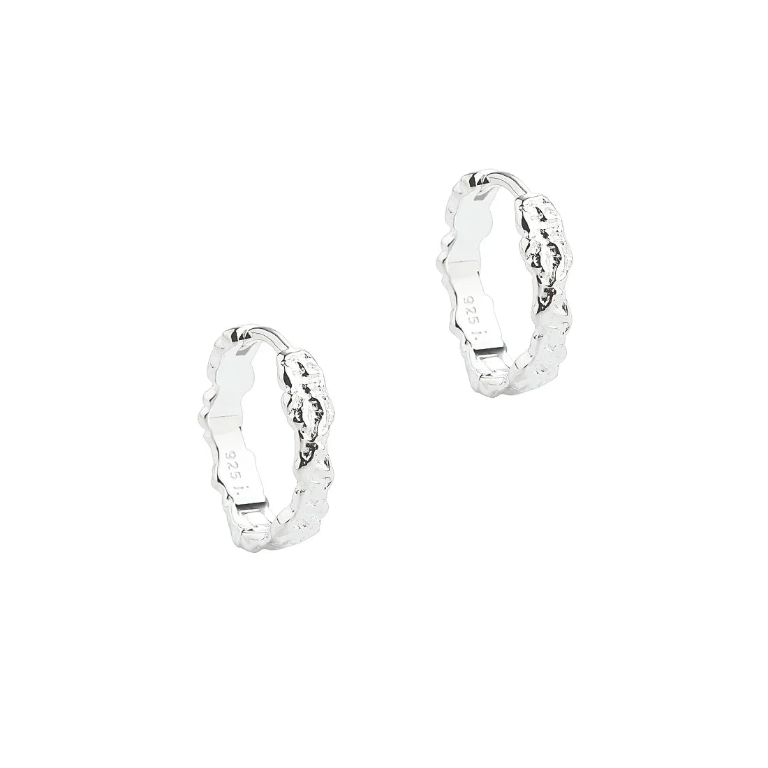 Silver bracelet earrings in textured design, front view, rustic silver look, 925 stamp visible