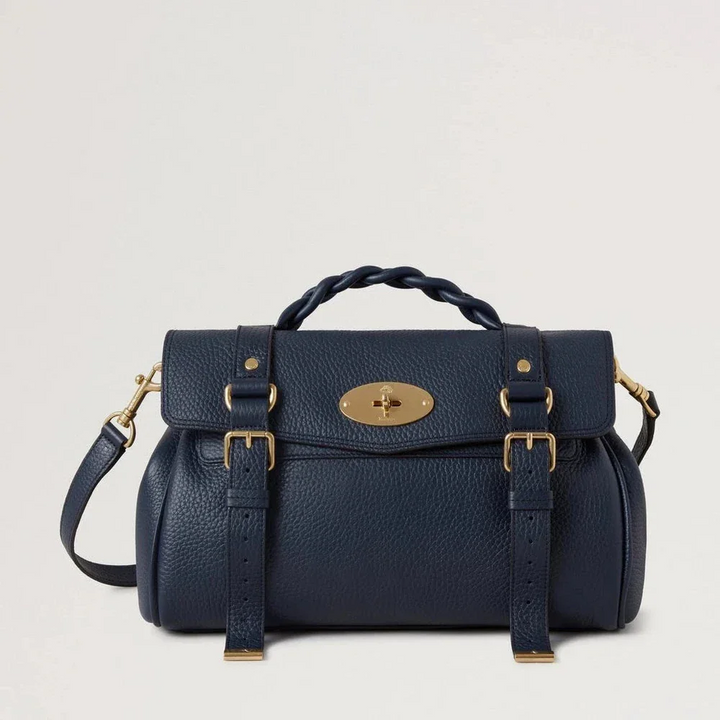 Mulberry Alexa Heavy Grain Night Sky showcases a navy blue leather bag with gold details, model HH6746/736U888