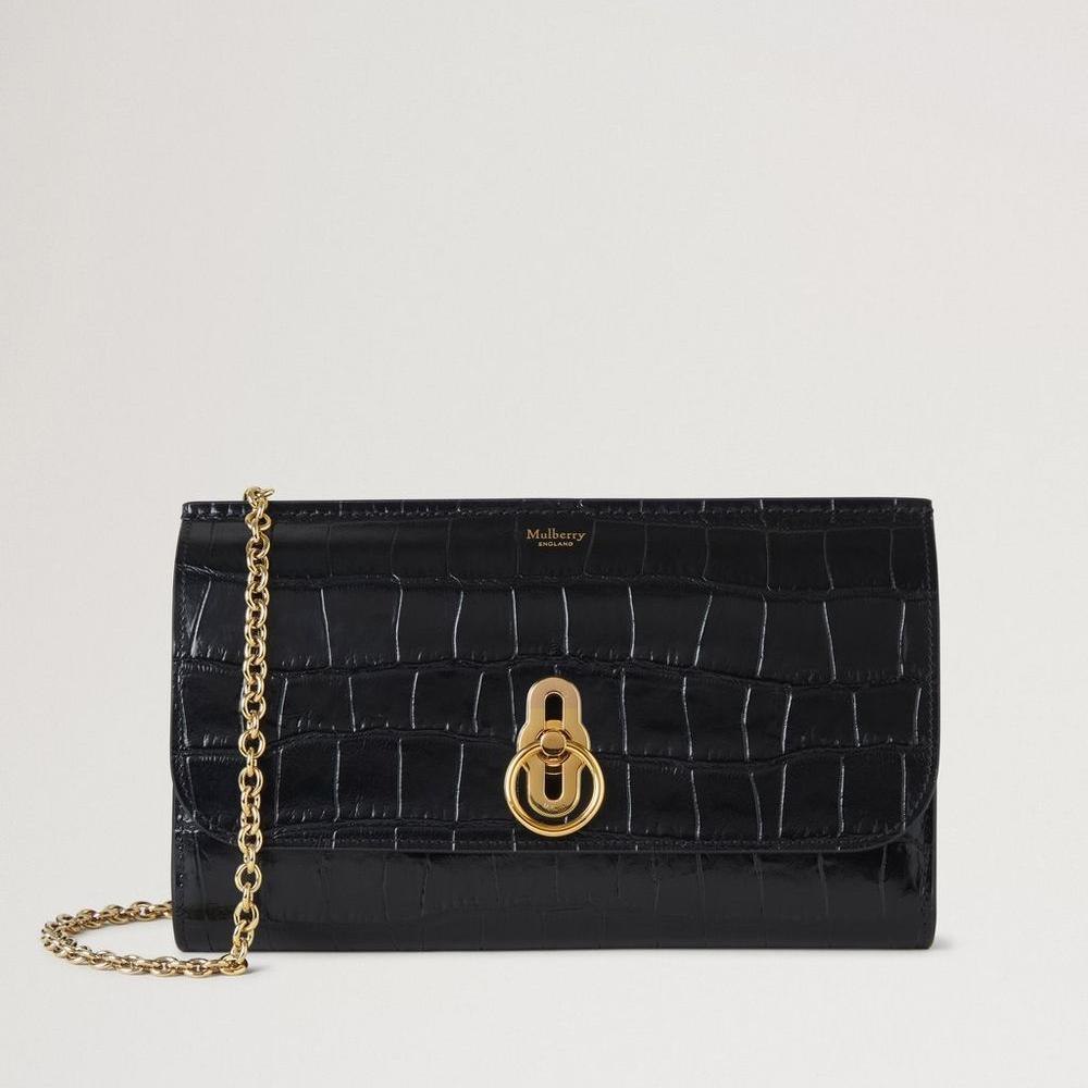 Mulberry Amberley Clutch Black Shiny Small Croc, elegant black clutch in shiny crocodile embossed leather with gold chain and twist lock. Model RL8191641A100.