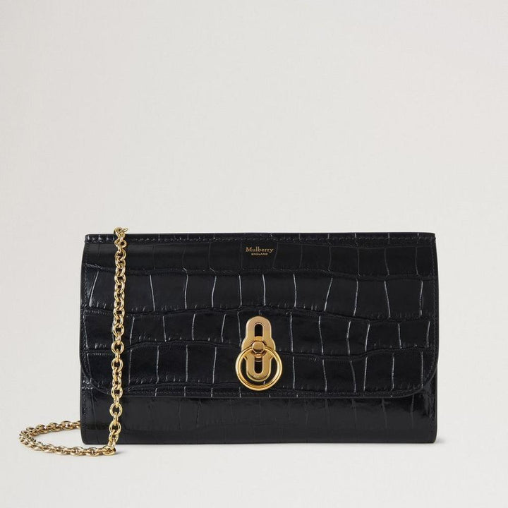 Mulberry Amberley Clutch Black Shiny Small Croc, elegant black clutch in shiny crocodile embossed leather with gold chain and twist lock. Model RL8191641A100.