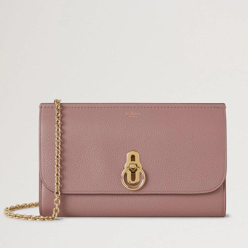 Mulberry Amberley Clutch Small Classic Grain Autumn Rose clutch in pink leather with gold chain, Model RL6090205J997.