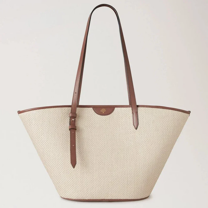 Mulberry Basket Tote Palma Leaf Oak shows large wicker bag with brown leather handle and cream body. Model HH9796000G110.