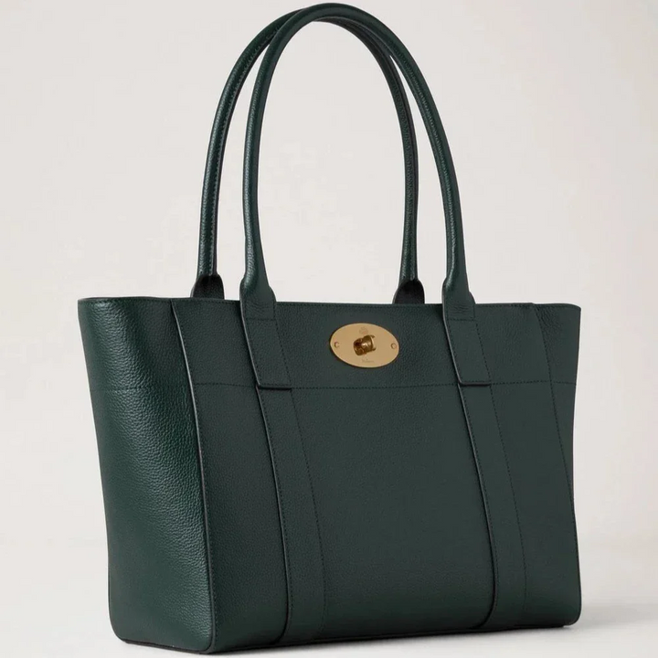 Mulberry Bayswater 9 to 5 Small Classic Grain Mulberry Green leather bag, visible in dark green with gold-coloured lock. Model HH9831205Q633