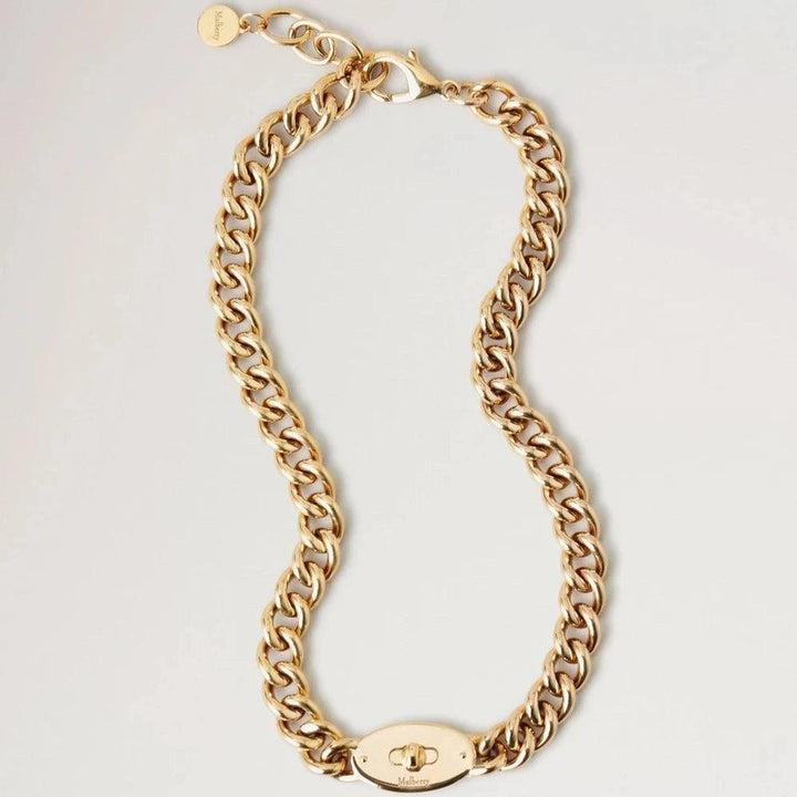 Mulberry Bayswater Chunky Chain Necklace in gold-colored metal with clasp and engraving, Model qn2355000p140.