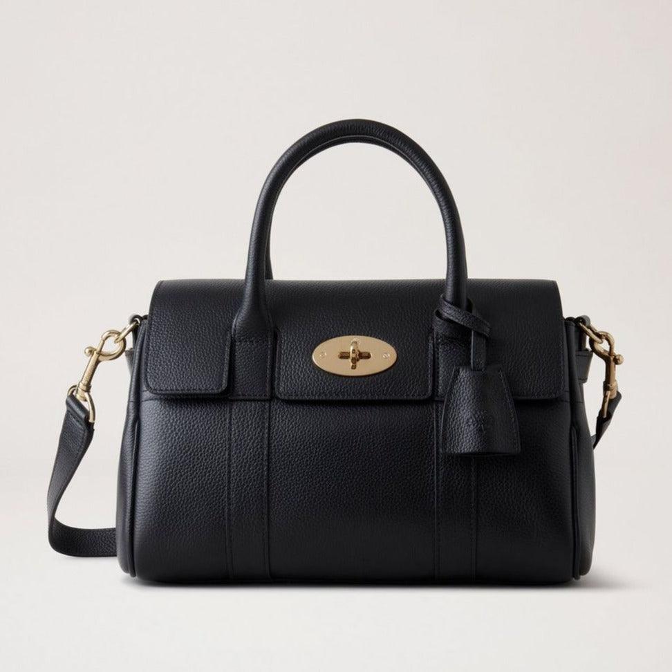 Mulberry Bayswater Satchel Black Small Classic Grain shows an elegant black leather handbag with gold hardware. Model HH9216205A100.