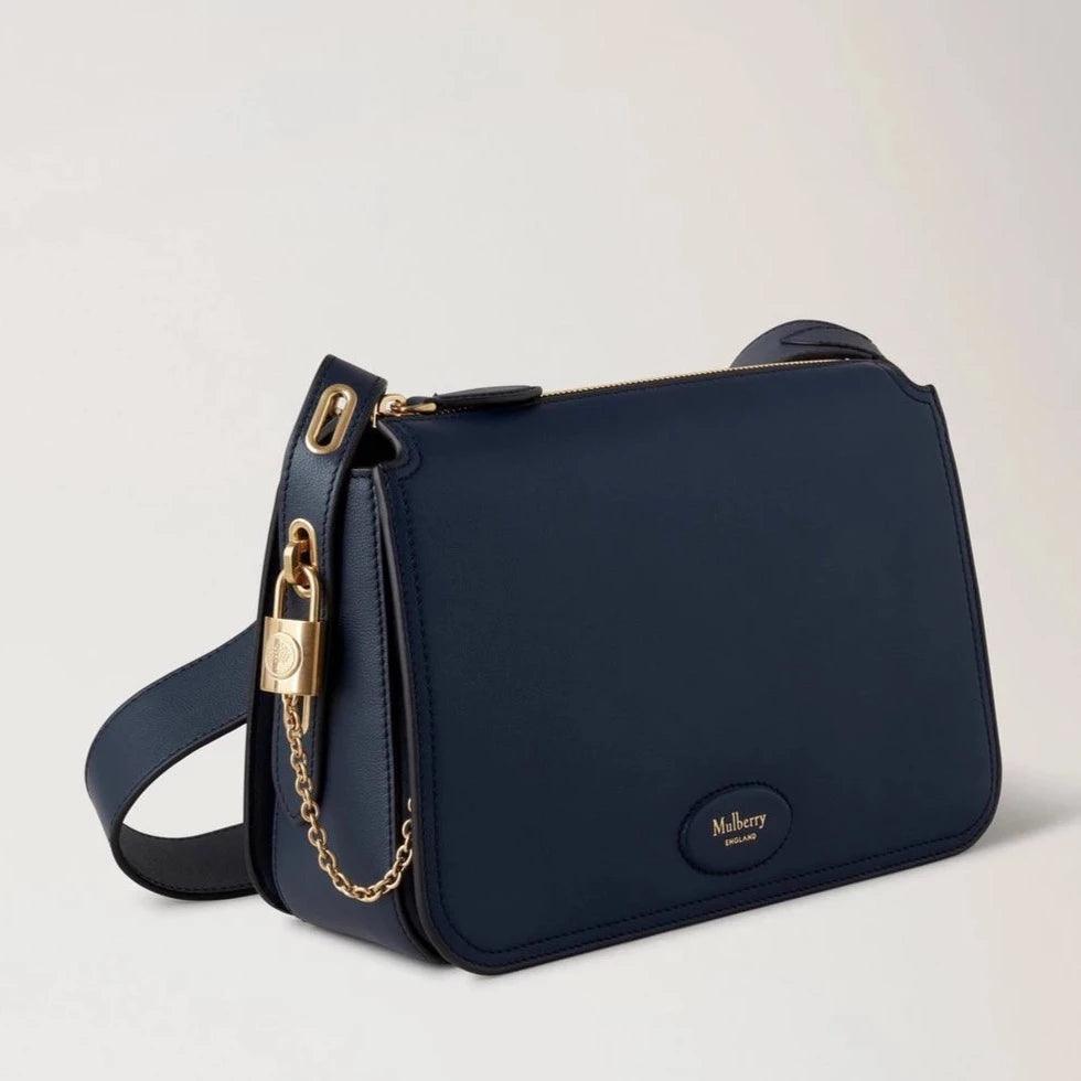 Mulberry Billie Night Sky Micro Classic Grain with gold details and zipper in dark blue leather. Model HH9260587U888