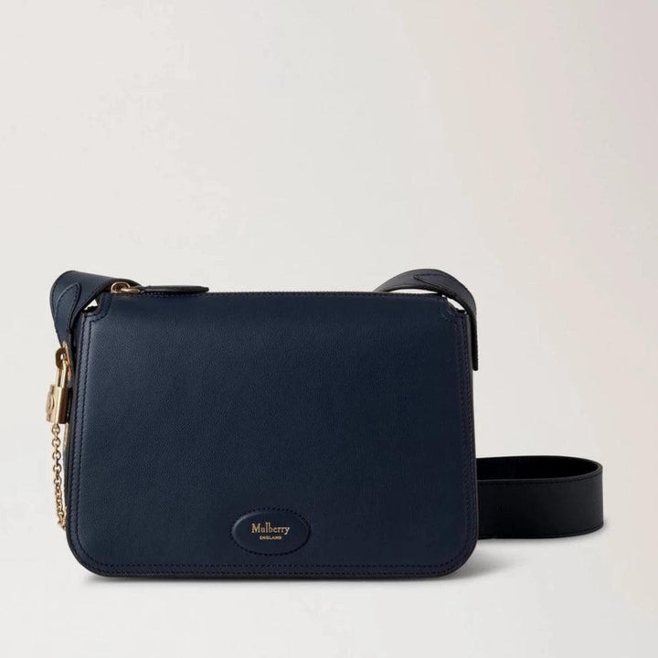 Mulberry Billie Night Sky Micro Classic Grain shoulder bag in dark blue leather with gold details, Model HH9260587U888.