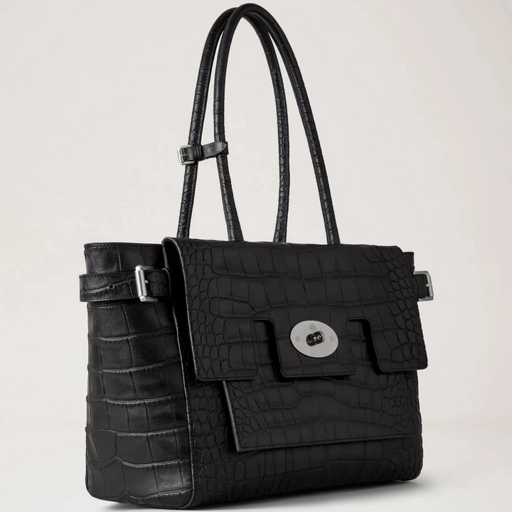 Mulberry Buckle Bayswater NVT The Croc is shown in black embossed leather with a silver buckle. Model HH9957741A100.