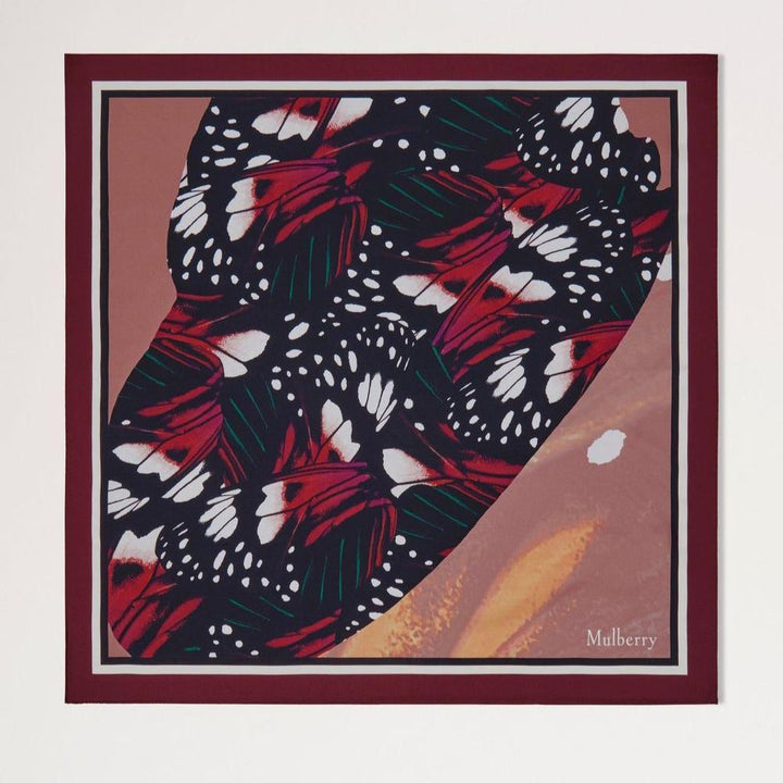 Mulberry Butterfly Wings Square Scarf with colorful butterfly wings in black, burgundy and white. Model VS4832090K560