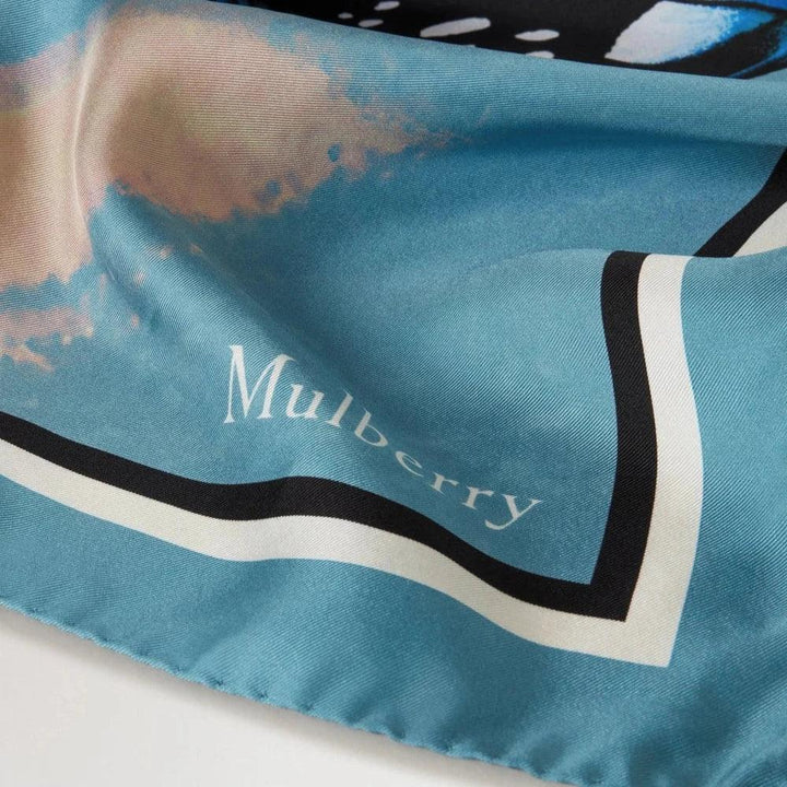 Mulberry Butterfly Wings Square Scarf in kingfisher blue, silky edge detail, Model VS4832090T625