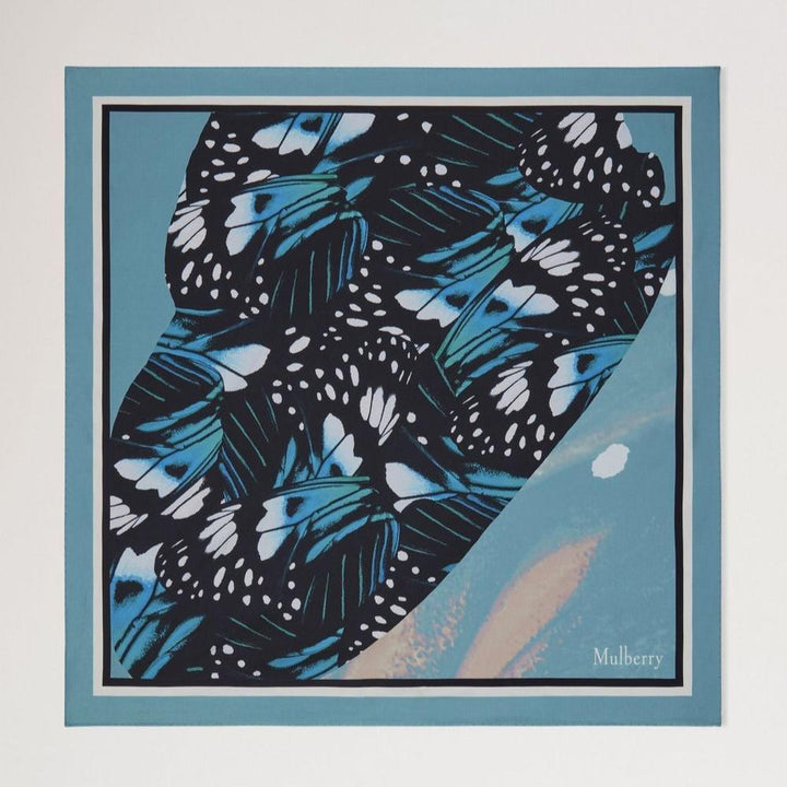 Mulberry Butterfly Wings Square Scarf with blue and black butterfly wings, silk look, Model VS4832090T625