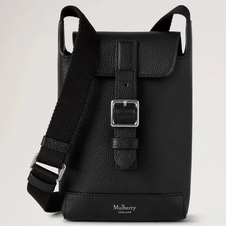Mulberry Chiltern Phone Pouch Black Small Classic Grain, black mobile phone pouch in leather with silver buckle and adjustable strap. Model RL8846205A100