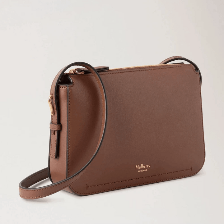 Mulberry Clovelly Pouch Micro Classic Grain Bright Oak in brown leather with adjustable strap, Model RL8729587G222.
