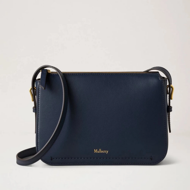Mulberry Clovelly Pouch Micro Classic Grain Night Sky bag in dark blue leather with adjustable strap, Model RL8729587U888