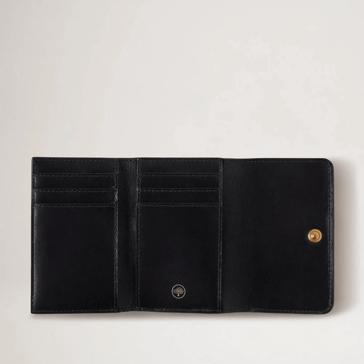 Mulberry Continental Trifold Card Holder in black leather, open with visible card pockets. Model RL6824205A100