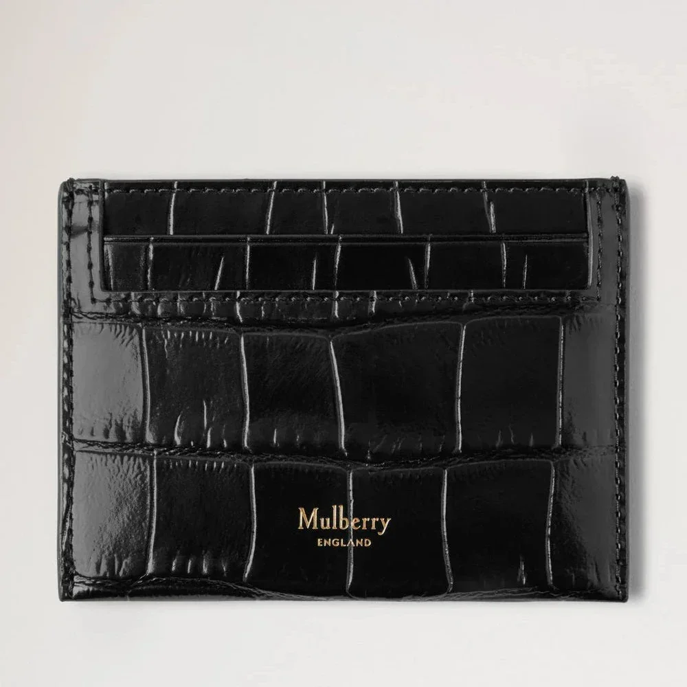 Mulberry Credit Card Slip Black Shiny Small Croc shows front in black shiny leather with crocodile texture. Model RL8748641A100.