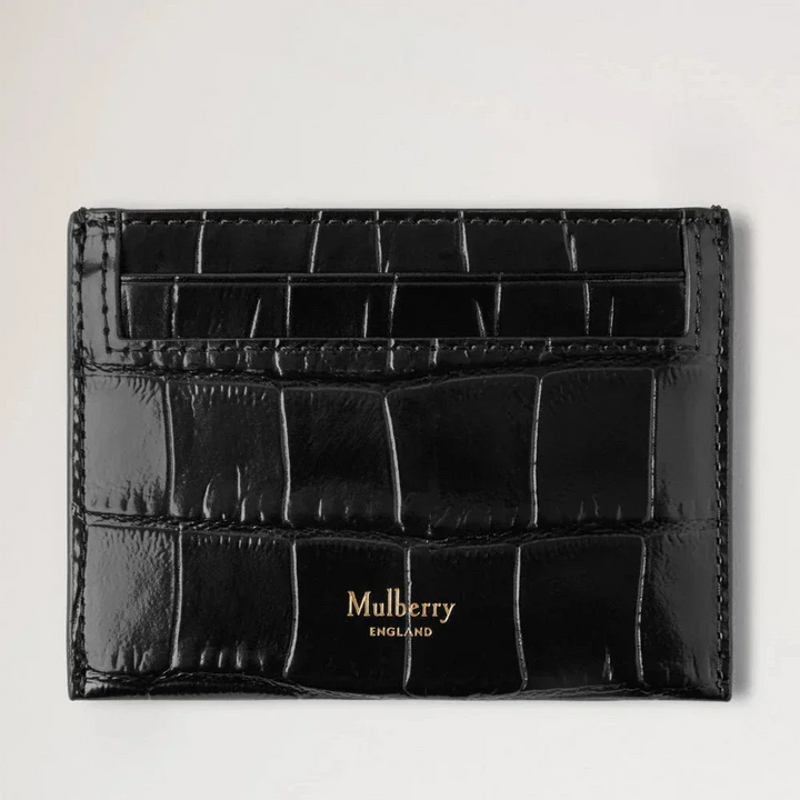 Mulberry Credit Card Slip Black Shiny Small Croc shows front in black shiny leather with crocodile texture. Model RL8748641A100.