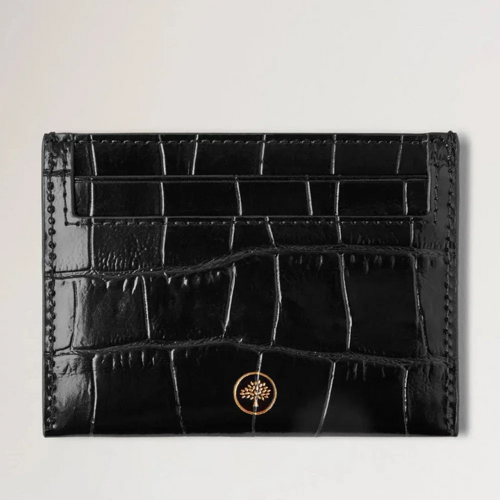 Mulberry Credit Card Slip Black Shiny Small Croc showcases a slim card case in black shiny croco leather. Model RL8748641A100.
