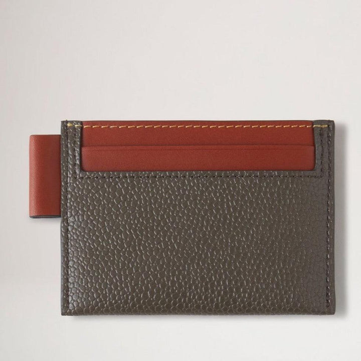 Mulberry Credit Card Slip Eco Scotchgrain Mole/Cognac seen from the front, brown structure and cognac leather, Model RL7036127Q330