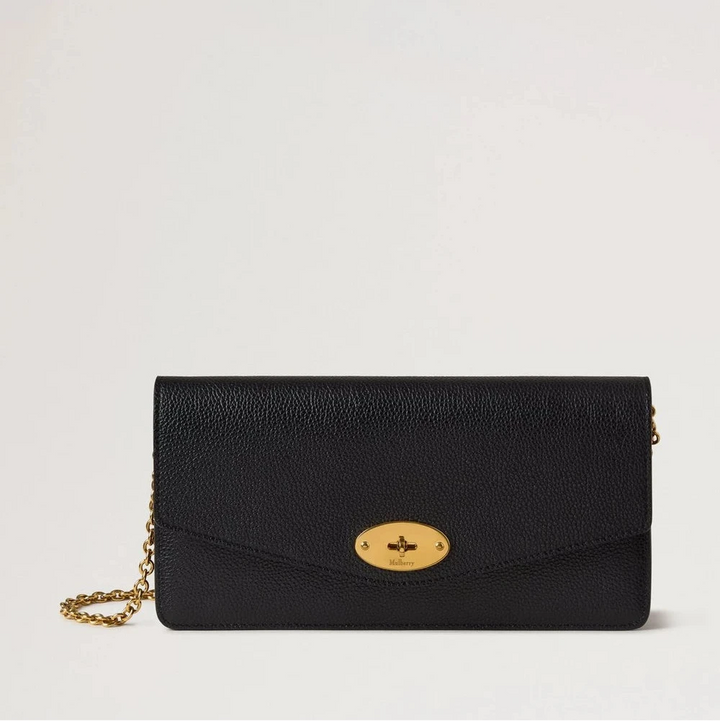 Mulberry Darley Clutch Small Classic Grain Black in black leather with gold chain and detail. Model rl8971205a100.