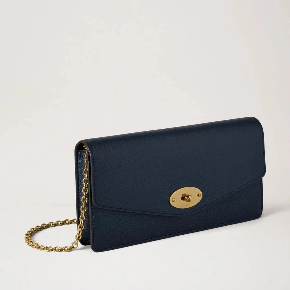 Mulberry Darley Clutch Small Classic Grain Night Sky shown in dark blue leather with gold chain, Model RL8971/205U888