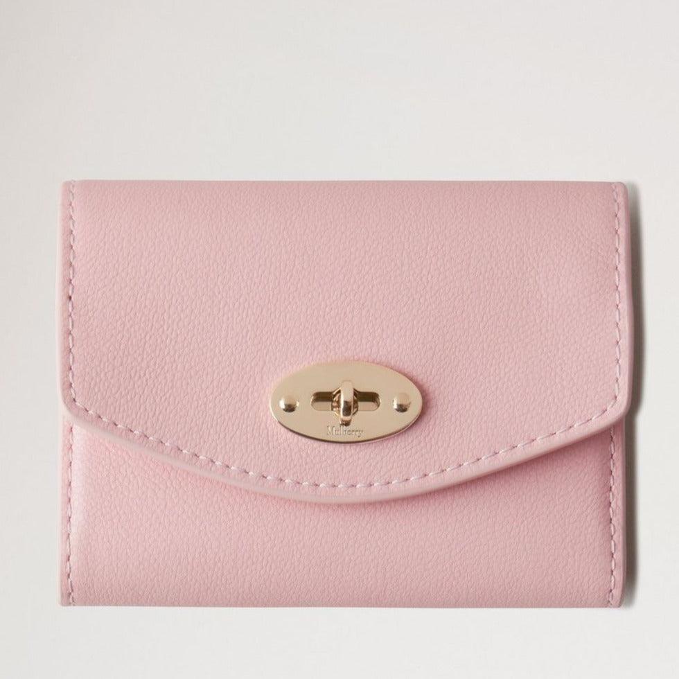 Mulberry Darley Concertina Wallet Micro Classic Grain Powder Rose, pink leather wallet with golden buckle. Model RL8541587J999
