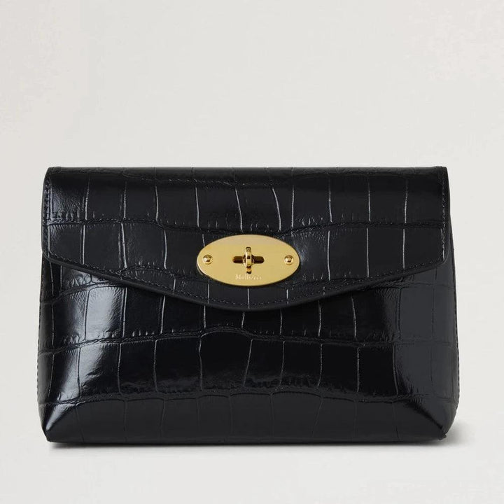 Mulberry Darley Cosmetic Pouch Black Shiny Small Croc with crocodile embossed leather and golden buckle, Model RL8187641A100
