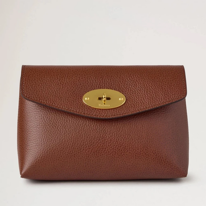 Mulberry Darley Cosmetic Pouch Oak Small Classic Grain shown from the front in brown leather with gold colored closure. Model RL8861552G110
