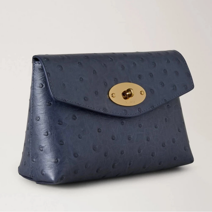 Mulberry Darley Cosmetic Pouch Ostrich Stormy Blue shows a blue cosmetic pouch in embossed leather with a gold-colored buckle. Model RL8933738U918.
